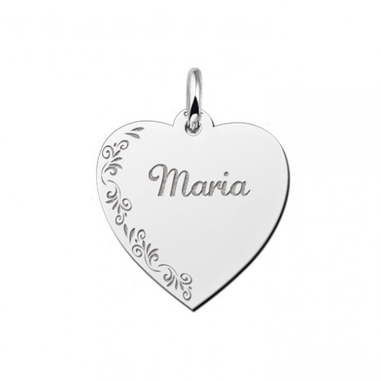 Zilveren graveerplaatje hart met bloemrand - 603141