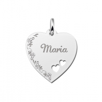 Zilveren graveerplaatje hart met bloemrand en 2 hartjes - 603144 Zilveren graveerplaatje hart met bloemrand en 2 hartjes - 603144