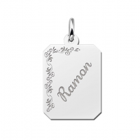 Zilveren graveerplaatje recht met bloemrand - 603151 Zilveren graveerplaatje recht met bloemrand - 603151