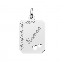 Zilveren graveerplaatje recht met bloemrand en 2 hartjes - 603160 Zilveren graveerplaatje recht met bloemrand en 2 hartjes - 603160