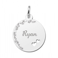 Zilveren plaatje rond met sierrand en twee harten - 603174 Zilveren plaatje rond met sierrand en twee harten - 603174