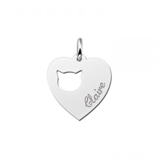 Zilveren graveerplaatje kind hart met poezenkopje - 603196
