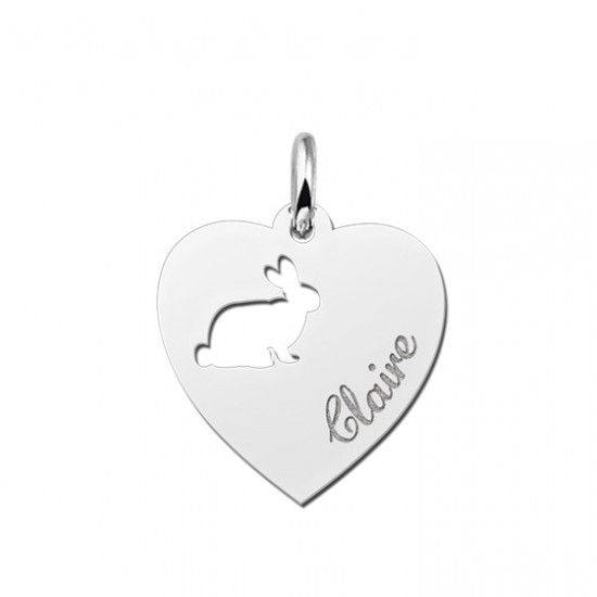 Zilveren graveerplaatje kind hart met konijntje - 603198
