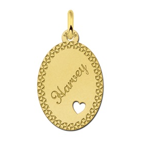 Gouden naamplaatje met sierrand en hart - 603309 Gouden naamplaatje met sierrand en hart - 603309