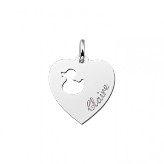Zilveren graveerplaatje kind hart met eendje - 603200