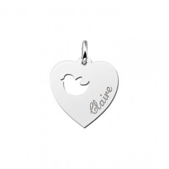 Zilveren graveerplaatje kind hart met vogeltje - 603203