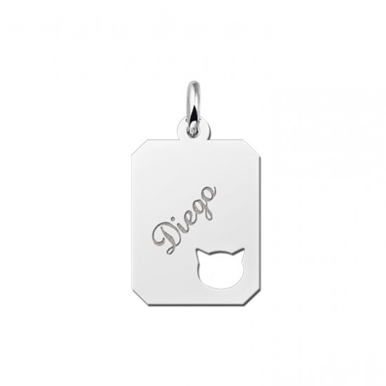 Zilveren graveerplaatje kind recht met poezenkopje - 603214