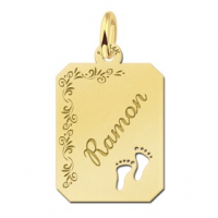 Gouden naamplaatje met bloemmotief en voetjes - 603259 Gouden naamplaatje met bloemmotief en voetjes - 603259