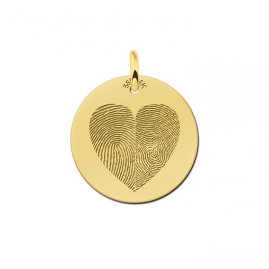 Ronden gouden hanger met twee vingerafdrukken in hartvorm - 603382