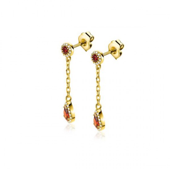 ZINZI gold plated zilveren oorstekers met schakelkettinkje en druppelvormige rood granaat kleursteen en witte zirconia&#39;s ZIO2560 - 20004037