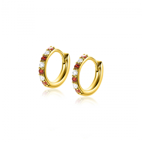 ZINZI gold plated zilveren oorringen bezet met ronde witte zirconia&#39;s en rood granaat kleurstenen ZIO2558 - 20004049