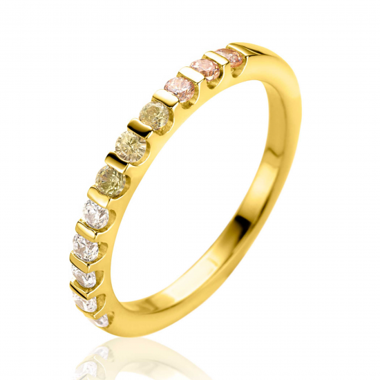 ZINZI gold plated zilveren aanschuifring 2mm breed bezet met champagne, peridot en witte zirconia&#39;s ZIR2612 - 20005399