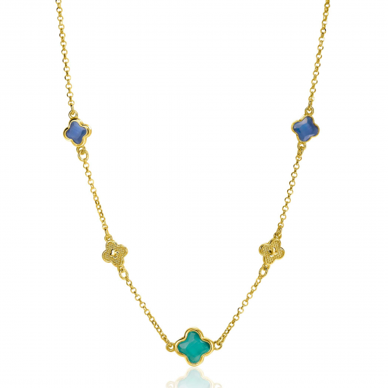 ZINZI gold plated zilveren schakel ketting met twee donkerblauwe klavers en een grotere groene klaver 40-45cm ZIC2583 - 20005407